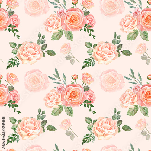 Beautiful blush pink and cream flowers and greenery seamless pattern. Watercolor hand drawn floral ornament on peach pink background. Shabby chic country style. Roses and sage green eucalyptus print.