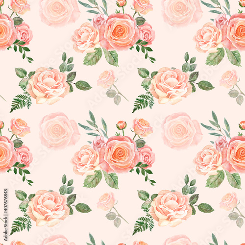 Beautiful blush pink and cream flowers and greenery seamless pattern. Waterco...