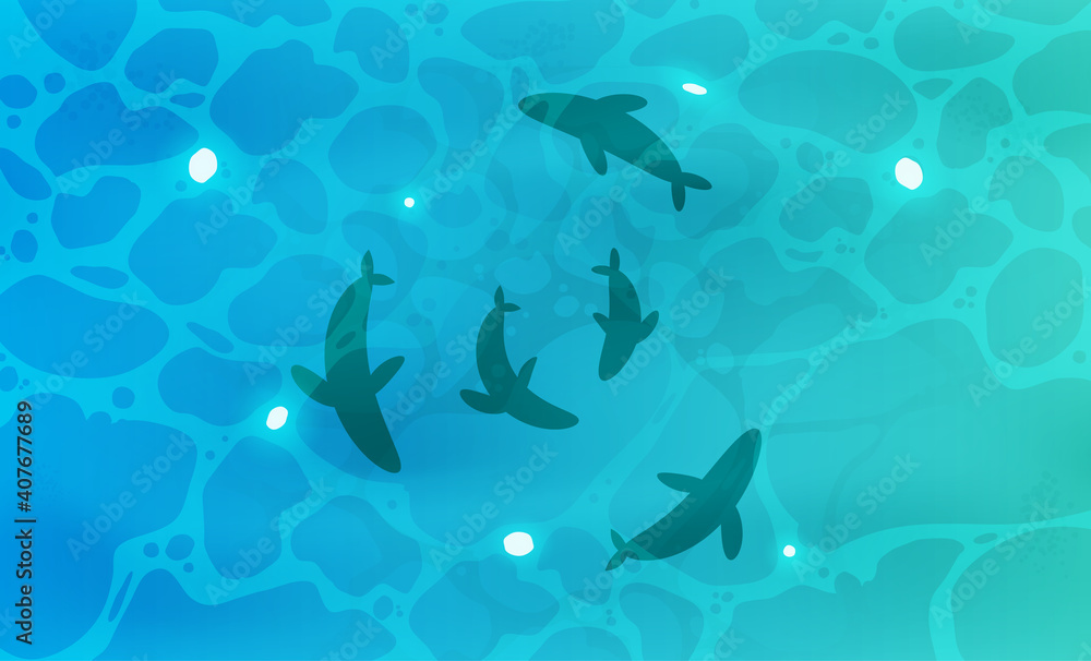 Fish in the water top view. Ocean, river or lake with clear blue water. Vector illustration.