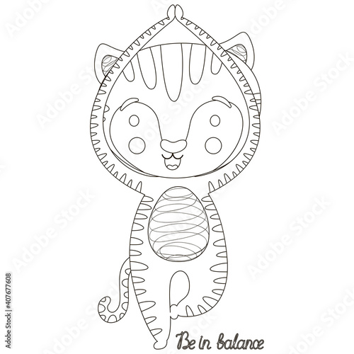 Children's black and white cartoon illustration of a cute little joyful tiger cub in yoga asana Vrikshasana tree pose and phrase "Be in balance". Sporty outline cat for coloring book. Vector.