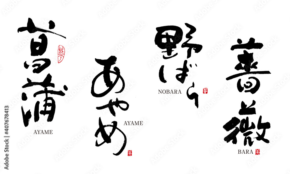 あやめ 菖蒲 野ばら 薔薇 ばら 筆文字 デザイン書道 花の名前シリーズ Stock イラスト Adobe Stock