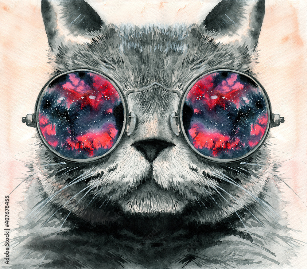 Poster Print Watercolor illustration of a gray fluffy cat in round glasses reflecting the cos 40x35 cm