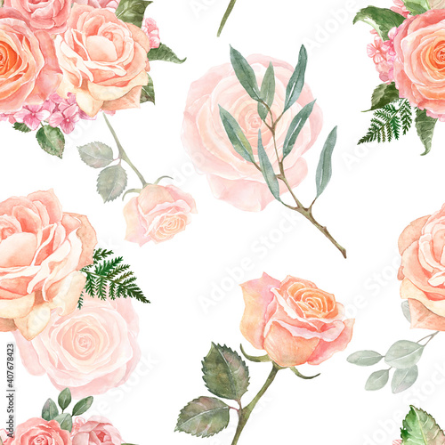 Watercolor neutral soft flowers seamless pattern. Hand drawn nude cream roses...