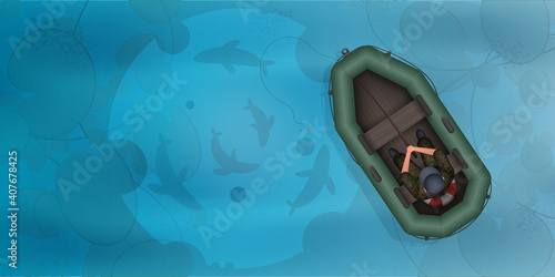 Fisherman in a rubber boat. Fish in the water top view. Ocean, river or lake with clear blue water. Vector