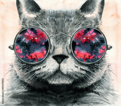 Photography Watercolor illustration of a gray fluffy cat in round glasses reflecting the cos