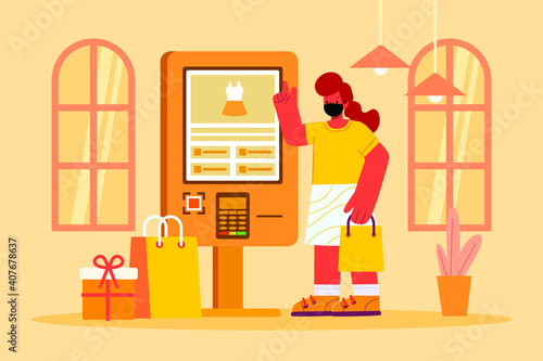 Woman After Shopping Paying Using Self Service Kiosk. Social Distancing in The New Normal to Prevent Coronavirus
