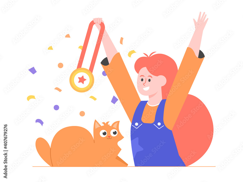 Prize, award, girl owner and pet celebrating success. Ginger cat winning first prize, gold medal. Pet show, competition, contest. Vector flat illustration. Prize, award, girl owner and pet celebrating success. Ginger cat winning first prize, gold medal. Pet show, competition, contest. Vector flat illustration.