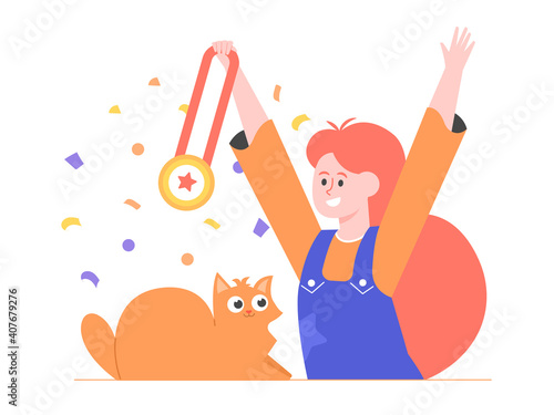 Prize, award, girl owner and pet celebrating success. Ginger cat winning first prize, gold medal. Pet show, competition, contest. Vector flat illustration.