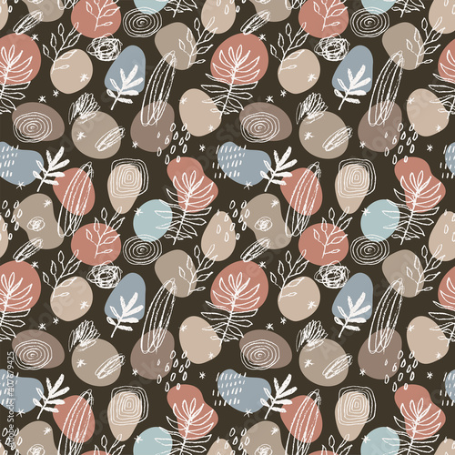 Vector seamless pattern. Curvy fluid organic shapes, natural design elements, abstract pebbles, plants, herbs, lines, leaves, forest doodles scattered on background. Natural backdrop illustration