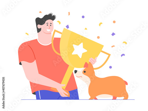Prize, award, owner and pet celebrating success. Corgi dog winning first prize. Dog show, competition, contest. Vector flat illustration.