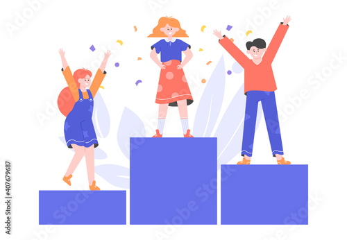 Children on the pedestal. Small competition winners. Award ceremony for girls and boys. Celebration in kindergarten. Vector flat illustration.