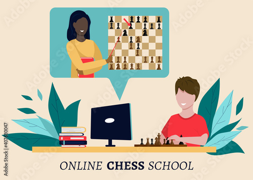 A black woman is teaching an online chess lesson to a child. Distance education concept, virtual school. Vector illustration, modern flat style