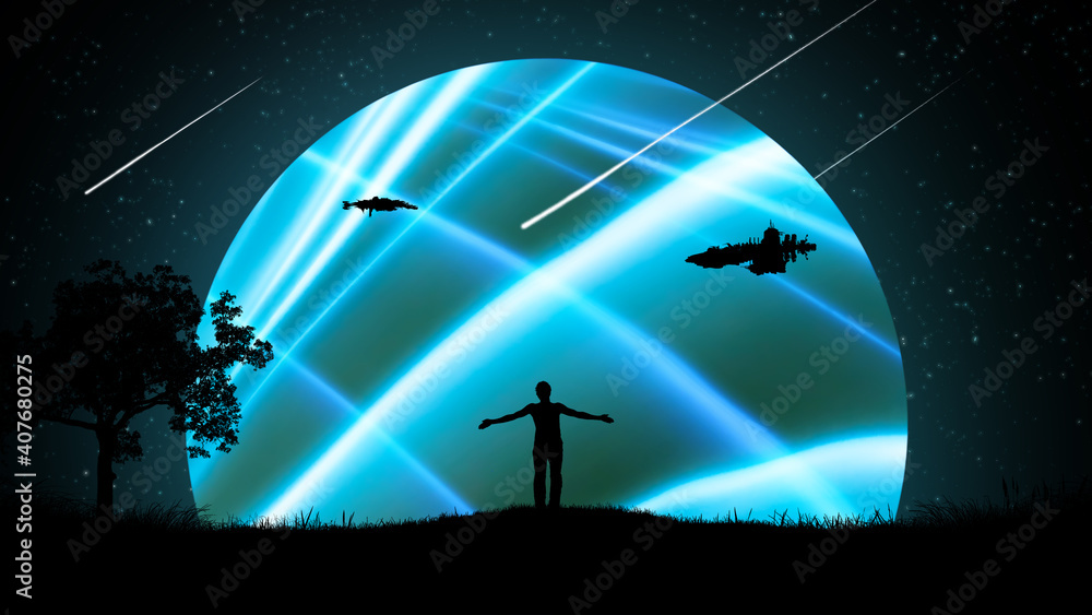 A man at night outdoors with his hands apart, raised to the air against the background of the starry sky with spaceships and a beautiful glowing neon planet.