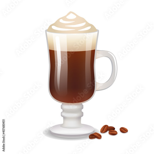 Glass cup of Irish coffee with  coffee beans   illustration