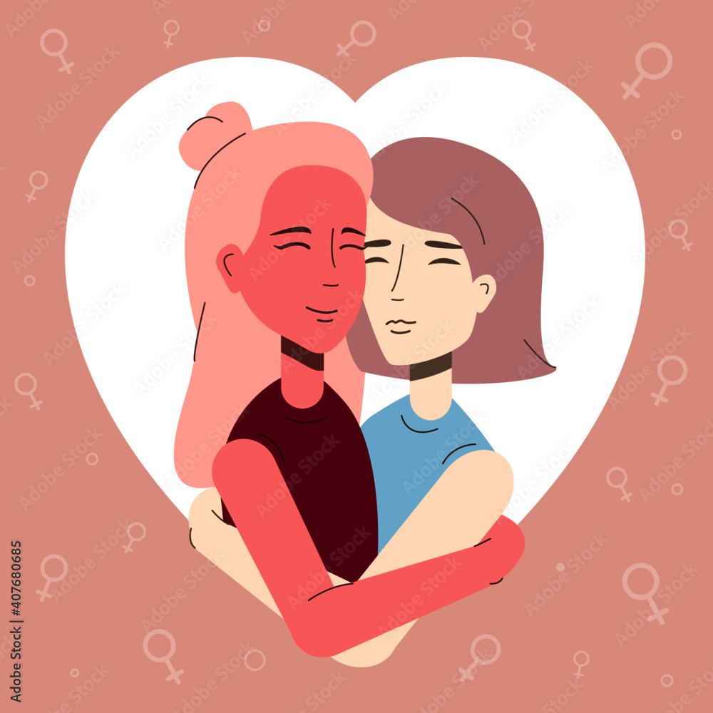 Cute lesbian couple inside a heart shape. Two woman hugging each other. Saint Valentines day card with happy lesbian couple. Flat vector illustration. Cute lesbian couple inside a heart shape. Two woman hugging each other. Saint Valentines day card with happy lesbian couple. Flat vector illustration.