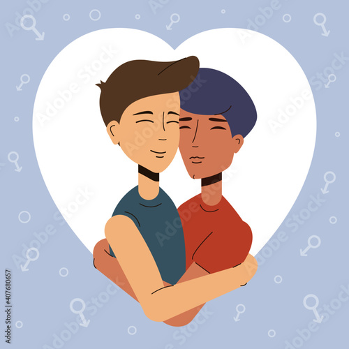 Cute gay couple inside a heart shape. Two men hugging each other. Saint Valentines day card with happy homosexual couple. Flat vector illustration.