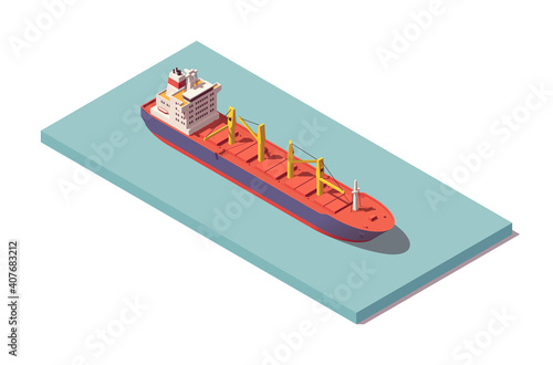 Isometric bulk carrier vessel. Low poly handysize bulker ship. Vector illustrator. Collection