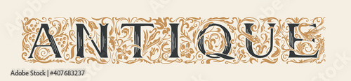 The inscription ANTIQUE in the form of ornate hand-drawn letters in vintage style on a light background. Suitable for t-shirt design, flyer, label, icon, card. Vector lettering stylish text
