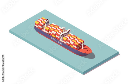 Isometric containership vessel. Low poly container ship. Vector illustrator. Collection