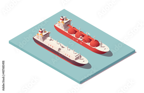 Isometric low poly tankers set. Lng tanker & lpg tanker. Vector illustrator. Collection