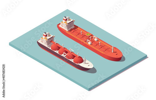 Isometric low poly tankers set. Lng tanker & oil crude tanker. Vector illustrator. Collection