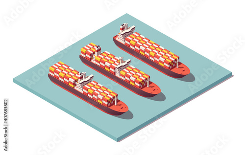 Isometric containerships vessels set. Low poly container ships. Vector illustrator. Collection