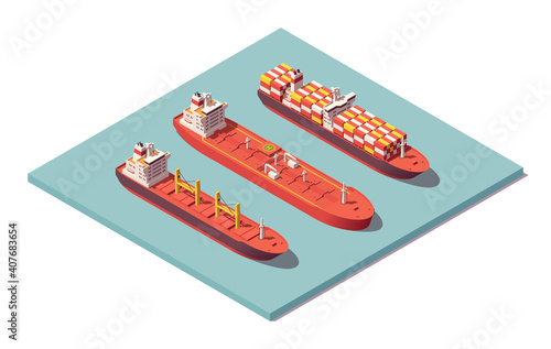 Isometric low poly vessels set. Bulker & oil crude tanker & containership. Vector illustrator. Collection