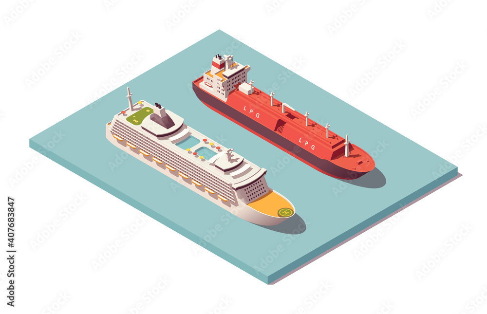 Isometric low poly vessels set. Cruise liner & lpg tanker. Vector illustrator. Collection Isometric low poly vessels set. Cruise liner & lpg tanker. Vector illustrator. Collection