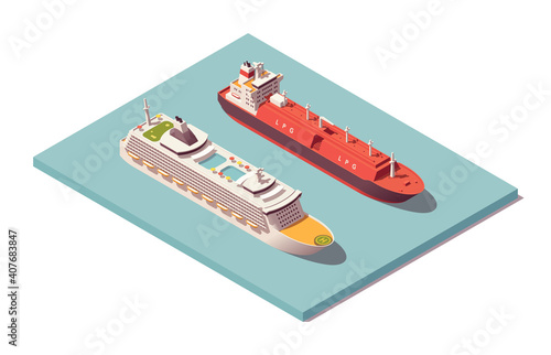 Isometric low poly vessels set. Cruise liner & lpg tanker. Vector illustrator. Collection