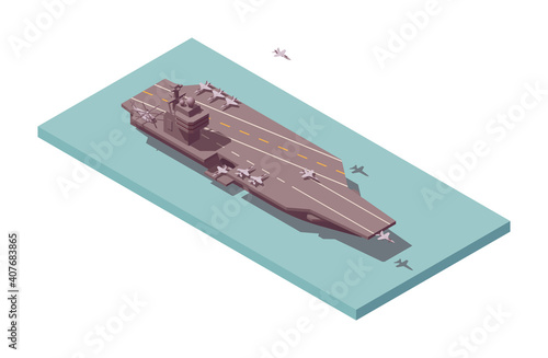 Isometric aircraft carrier vessel. Low poly navy ship with fighters. Vector illustrator. Collection