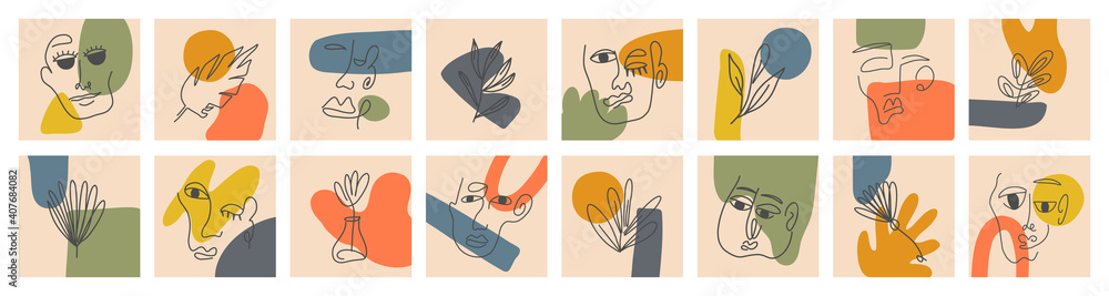 Set of Various Surreal faces. Face line art. Face drawing. Contemporary portrait. Round elements, abstract shapes, lines, floral, leaves, flowers. Hand drawn Vector illustrations. Minimalistic style Set of Various Surreal faces. Face line art. Face drawing. Contemporary portrait. Round elements, abstract shapes, lines, floral, leaves, flowers. Hand drawn Vector illustrations. Minimalistic style