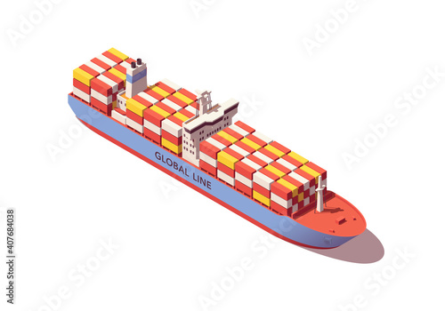 Isometric containership vessel. Low poly container ship. Vector illustrator. Collection