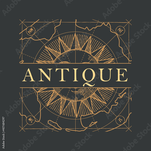 Vector banner or logo for an antique store with an ornate inscription ANTIQUE, hand-drawn sun and a map in vintage style on a black background. Suitable for signage, flyer, label, design element