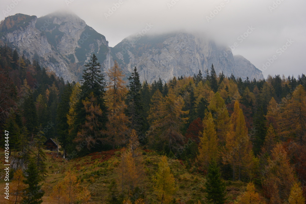 Wooden cabin in mountains with colored trees in autumn colours Wooden cabin in mountains with colored trees in autumn colours