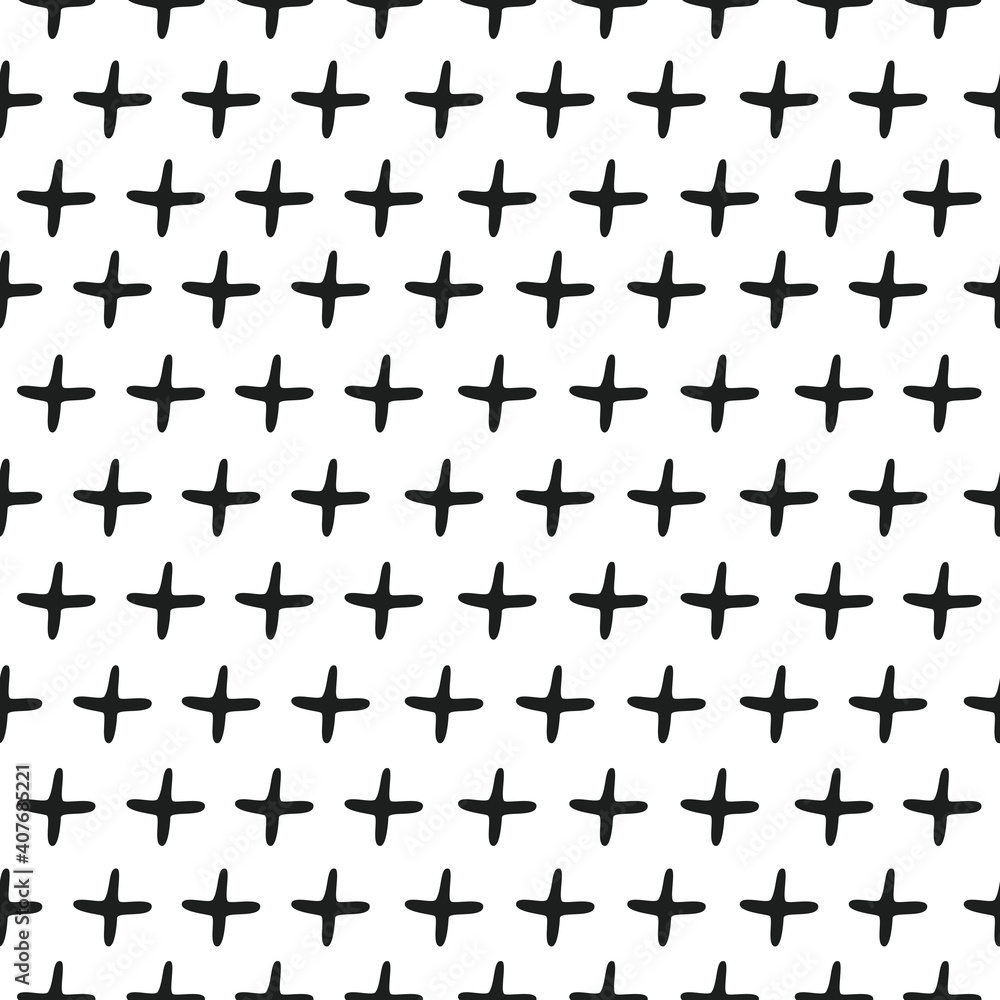 Abstract seamless pattern of doodle black crosses on white background. Modern vector design