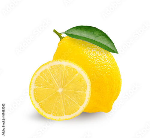 Lemon with half and leaves isolated on white background.
