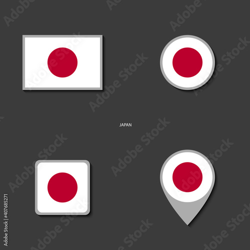 Japan flag icon set in different shape (rectangle, circle, square and marker icon) on barely dark background. Japan flag icon collection on dark grey background.