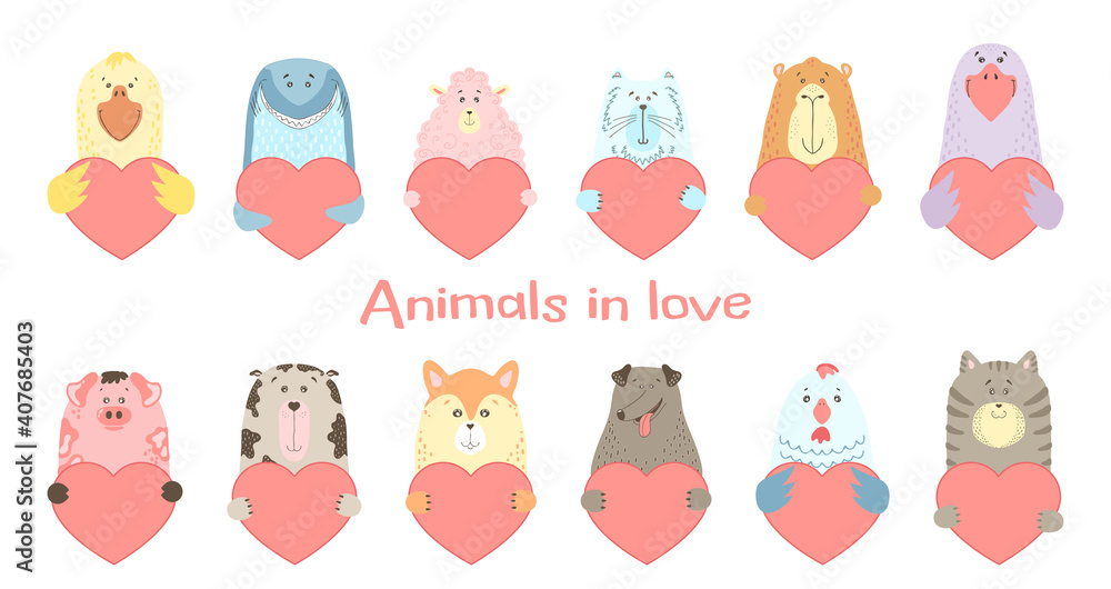 Cute cartoon animal holds a heart sign with copy space. set valentine's day greeting card banner invitation flyer brochure. cartoon hand drawn style. Little animals pets in love, declaration of love Cute cartoon animal holds a heart sign with copy space. set valentine's day greeting card banner invitation flyer brochure. cartoon hand drawn style. Little animals pets in love, declaration of love
