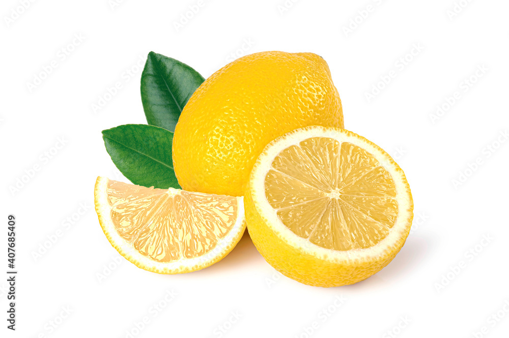 Lemon with sliced and green leaves on white background.