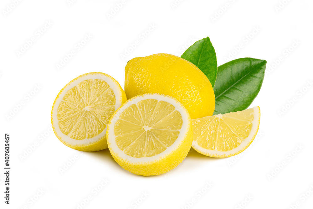 Fresh lemon fruits with half and leaves isolated on white background.