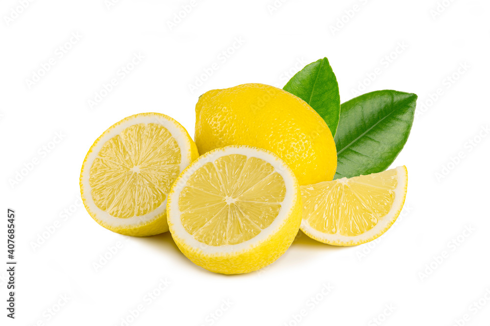 Fresh lemon fruits with half and leaves isolated on white background. Fresh lemon fruits with half and leaves isolated on white background.