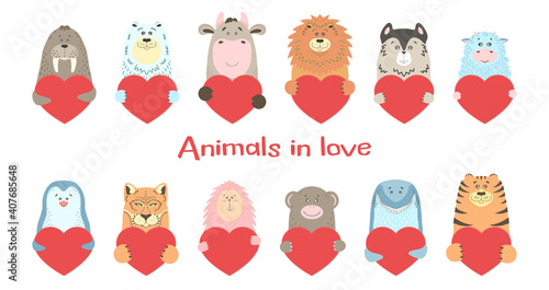 Cute cartoon animal holds a heart sign with copy space. set valentine's day greeting card banner invitation flyer brochure. cartoon hand drawn style. Little animals pets in love, declaration of love