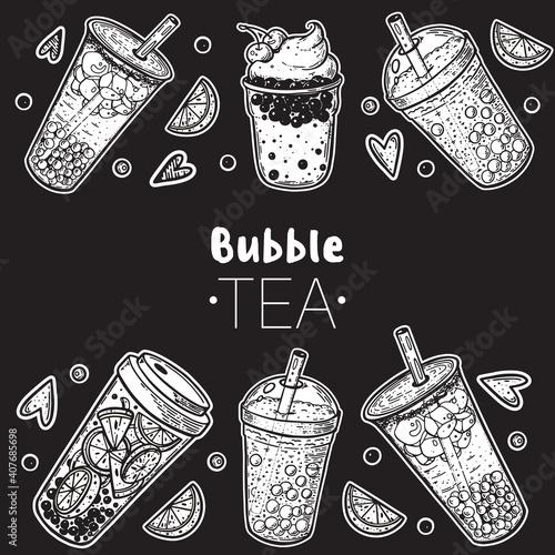 Bubble tea hand drawn illustration. Cocktail collection. Bubble tea vector illustration. Drink set. Design template.