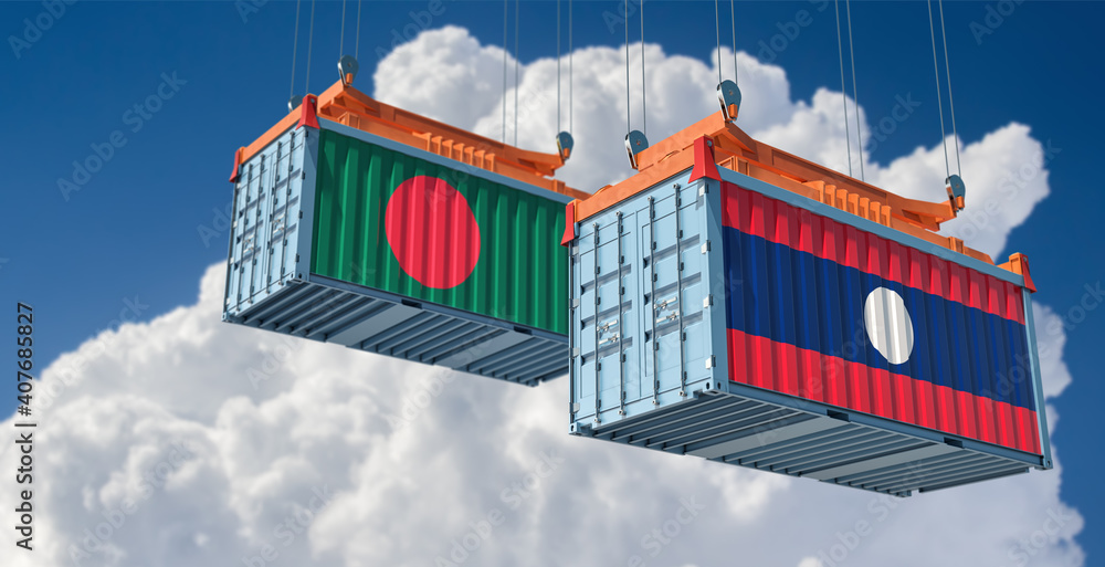 Freight containers with Laos and Bangladesh flag. 3D Rendering 