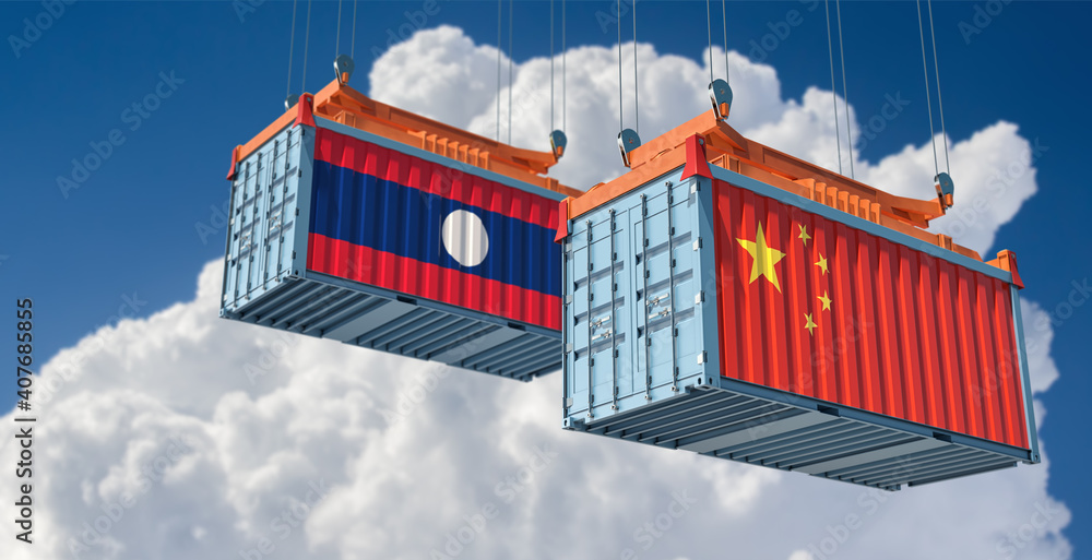 Freight containers with China and Laos flag. 3D Rendering 