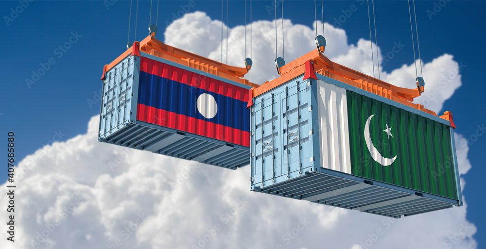 Freight containers with Pakistan and Laos flag. 3D Rendering 