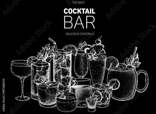 Alcoholic cocktail sketch. Hand drawn vector illustration. Hand drawn drinks illustration. Cocktails set. Menu design elements.