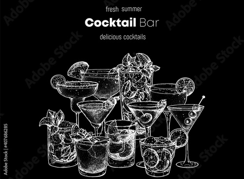Alcoholic cocktails sketch. Hand drawn vector illustration. Hand drawn drinks illustration. Cocktails set. Menu design elements.