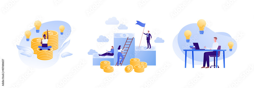 Fototapeta premium Business idea and finance success concept. Vector flat people illustration set. Male and female employee. Lightbulb inspiration and stack of money profit symbol. Man and woman sitting with laptop.