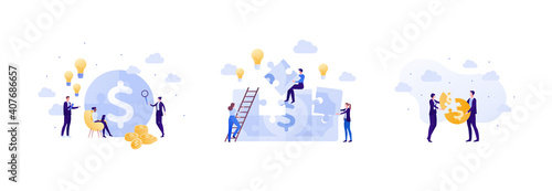 Business idea and finance success concept. Vector flat people illustration set. Jigsaw puzzle with dollar currency sign. Businessman and busineswoman in suit. Team make money symbol.